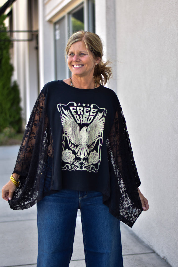 Free Bird Lace Graphic Kimono Top