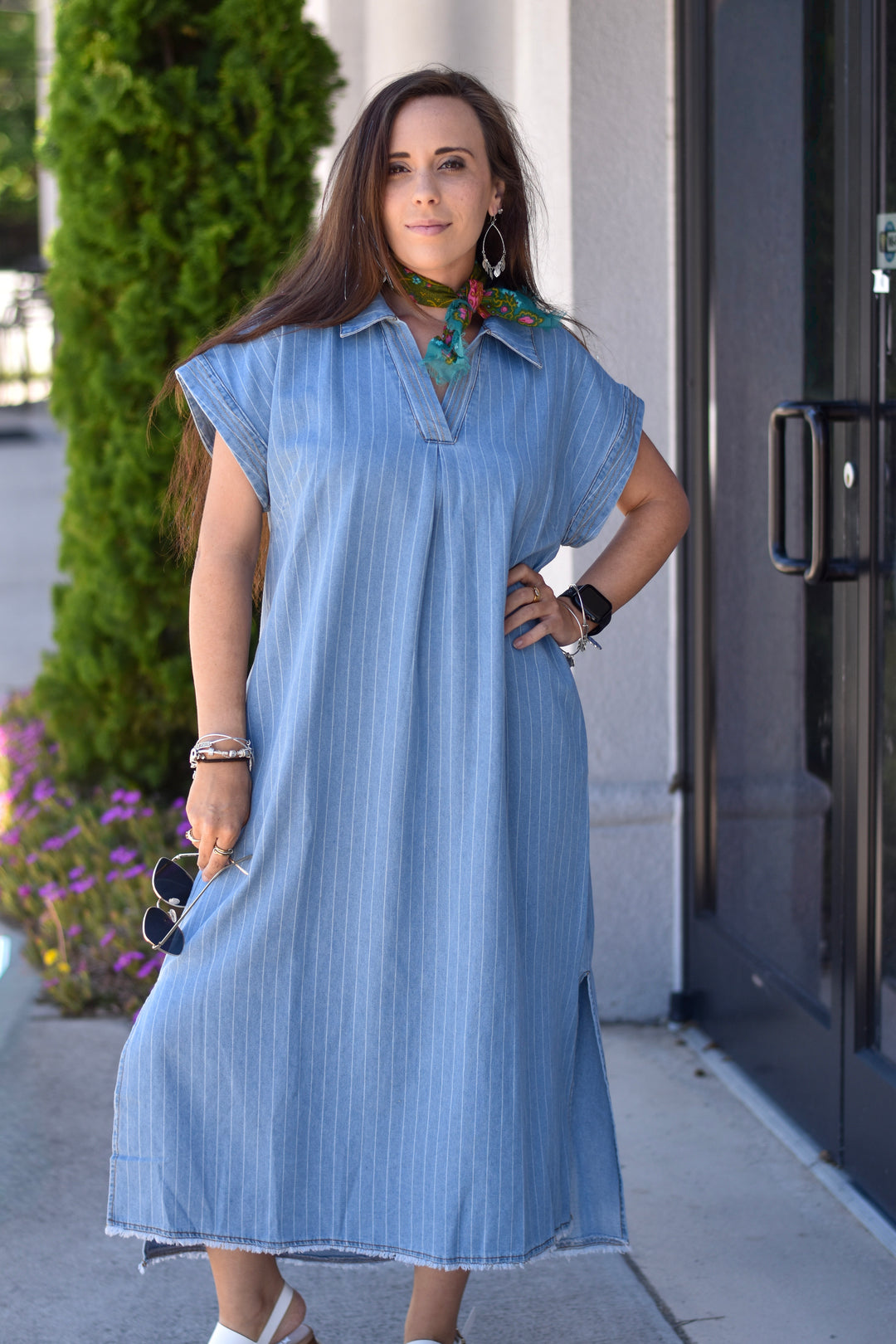 Umgee Habor Stripe Midi Dress Small / Light Denim