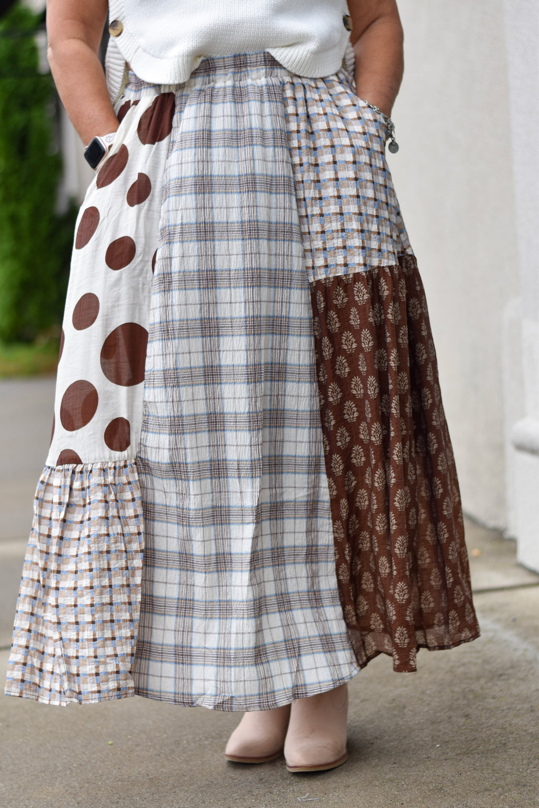 Mixed Print Cotton Midi Skirt