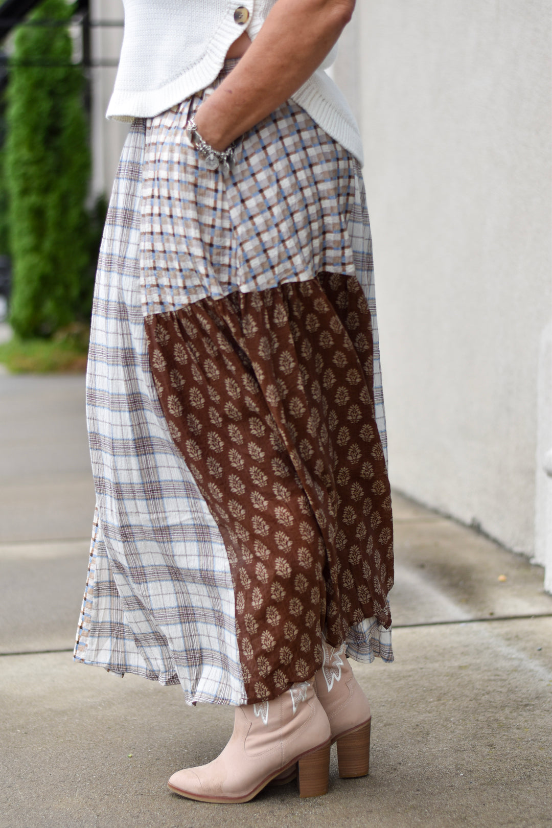 Mixed Print Cotton Midi Skirt