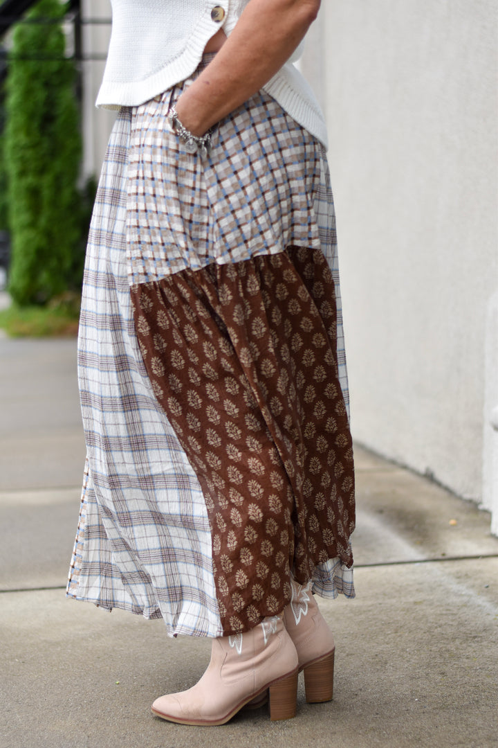 Mixed Print Cotton Midi Skirt