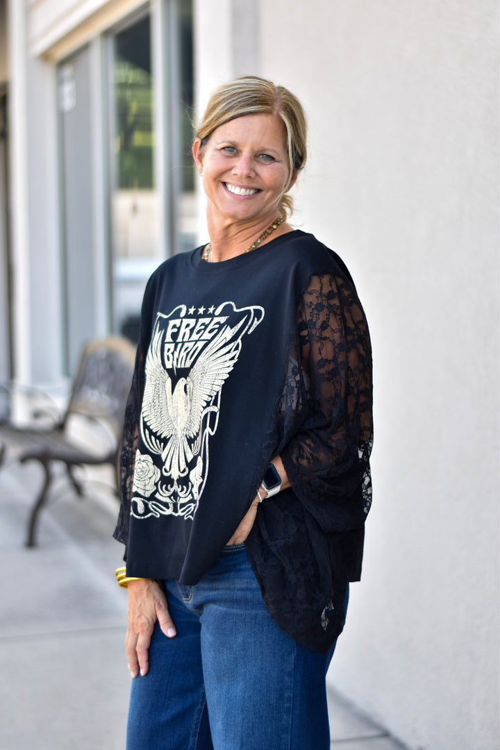 Free Bird Lace Graphic Kimono Top