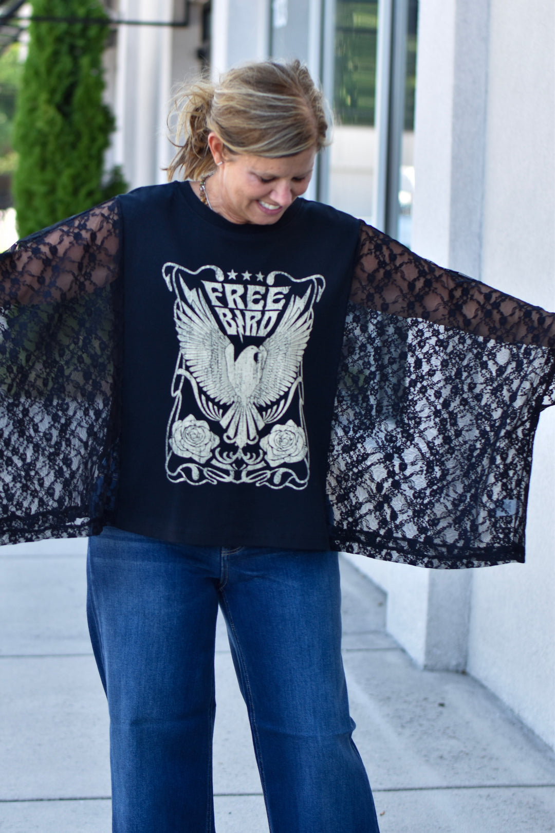 Free Bird Lace Graphic Kimono Top