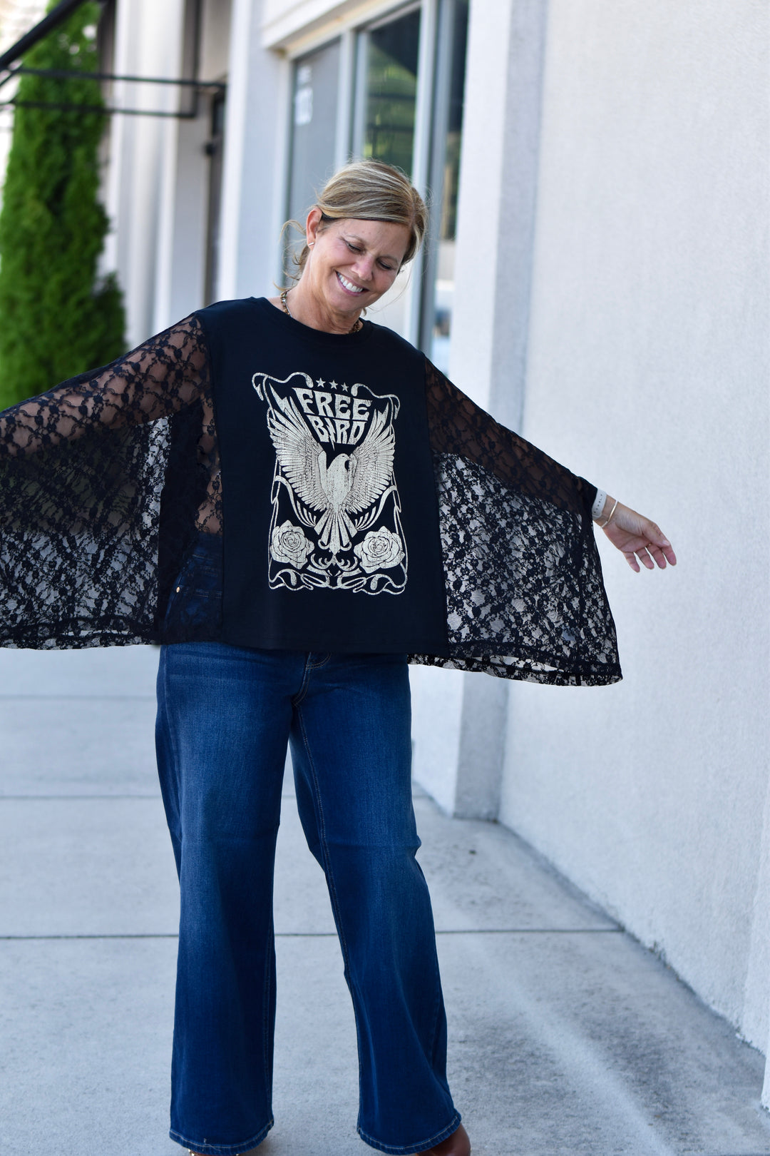 Free Bird Lace Graphic Kimono Top
