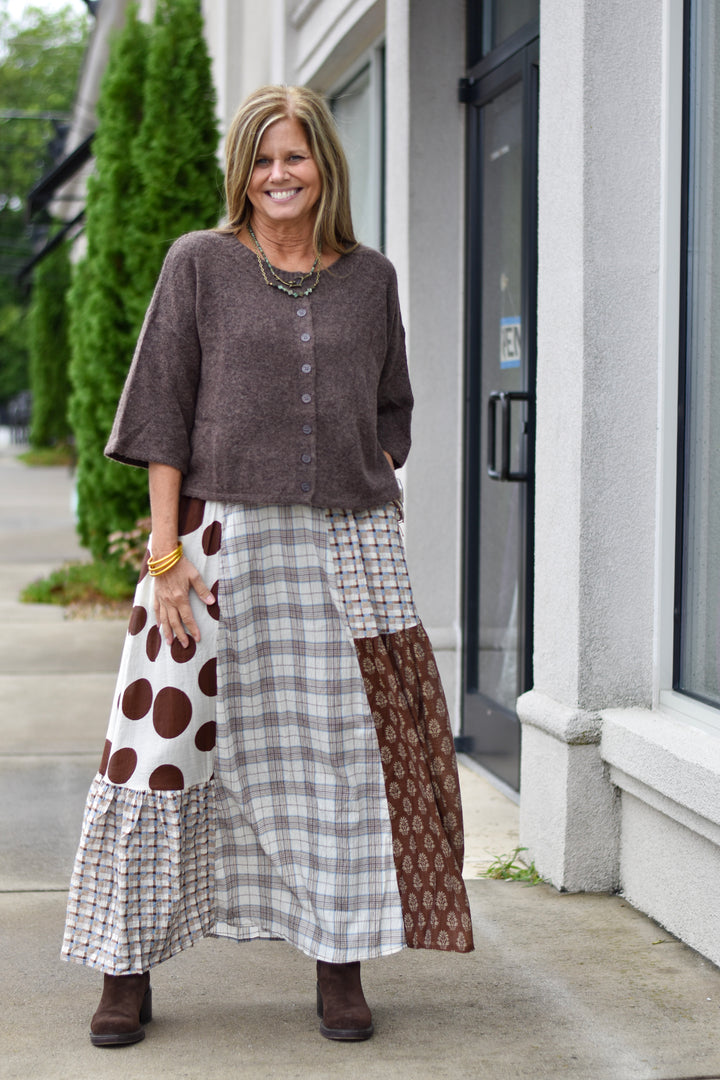 Mixed Print Cotton Midi Skirt
