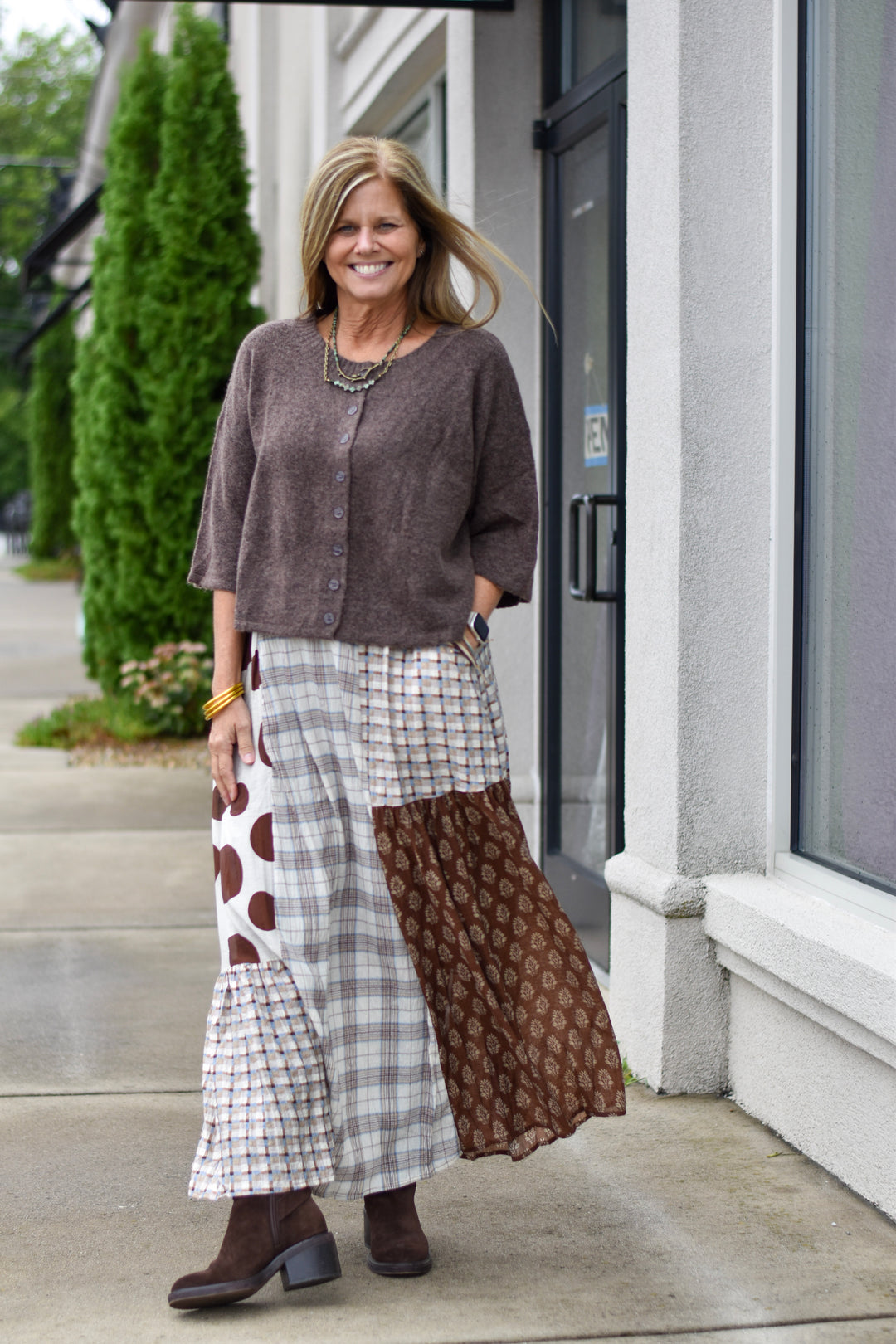Mixed Print Cotton Midi Skirt