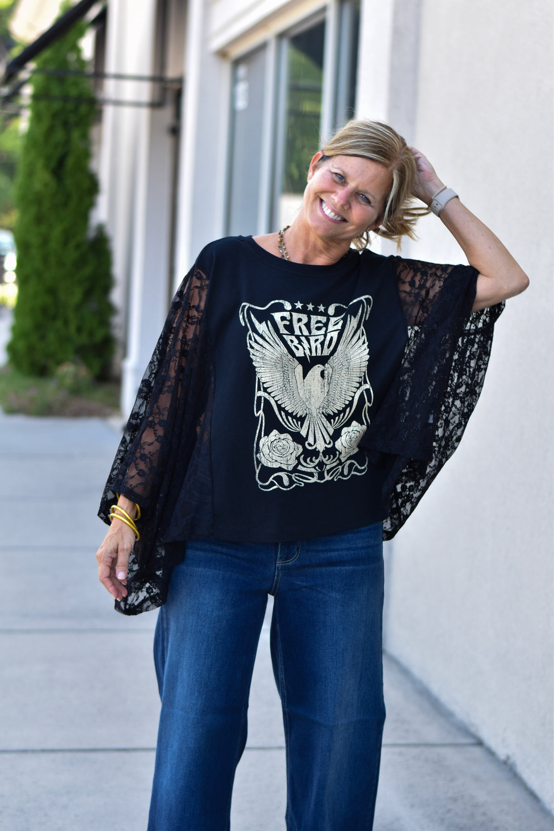 Free Bird Lace Graphic Kimono Top