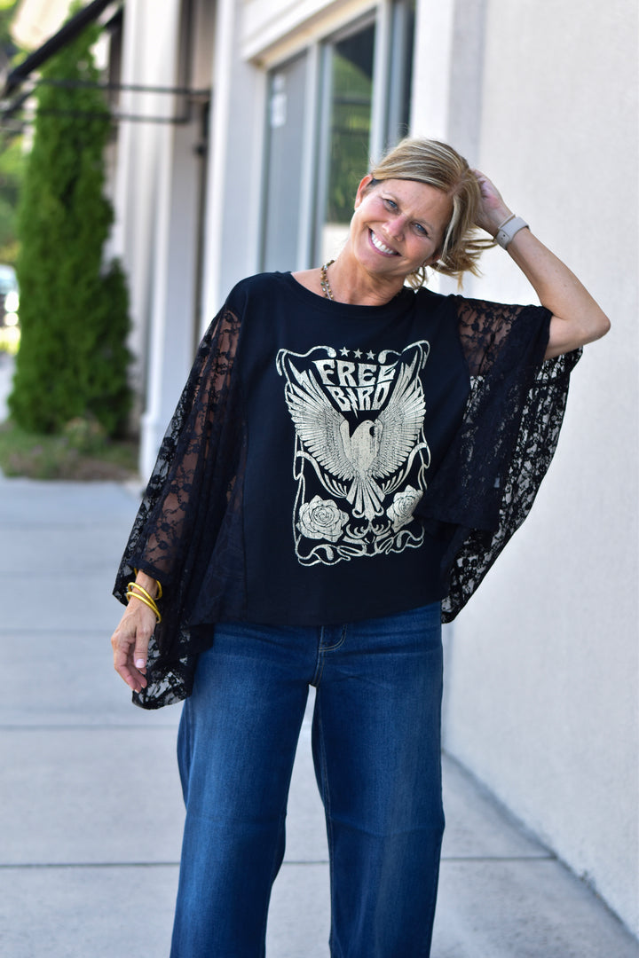 Free Bird Lace Graphic Kimono Top