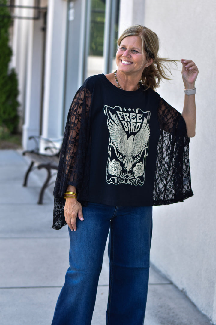 Free Bird Lace Graphic Kimono Top
