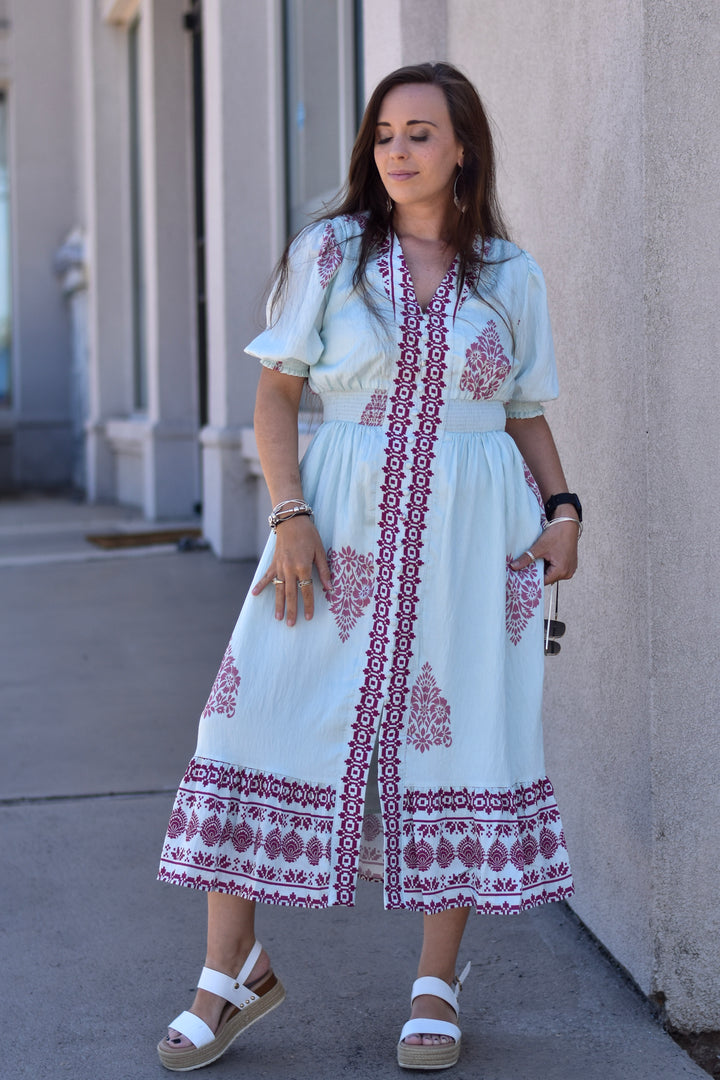 THML Mint to Be Border Print Midi Dress