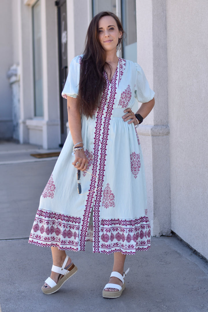 THML Mint to Be Border Print Midi Dress