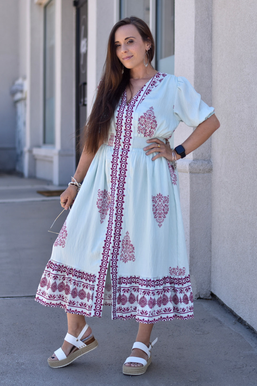 THML Mint to Be Border Print Midi Dress