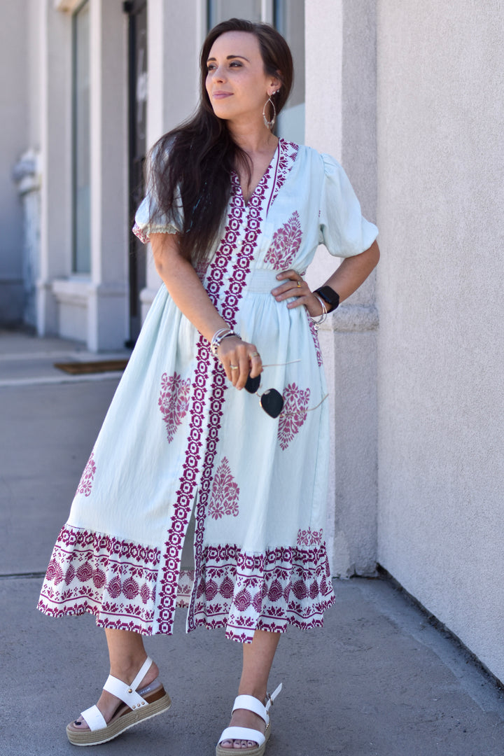 THML Mint to Be Border Print Midi Dress
