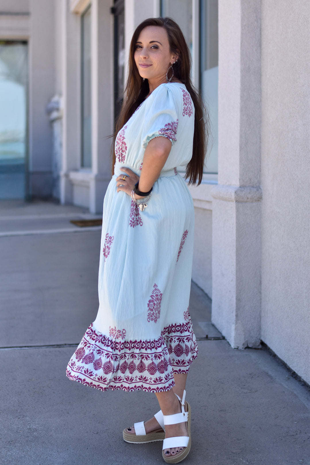 THML Mint to Be Border Print Midi Dress
