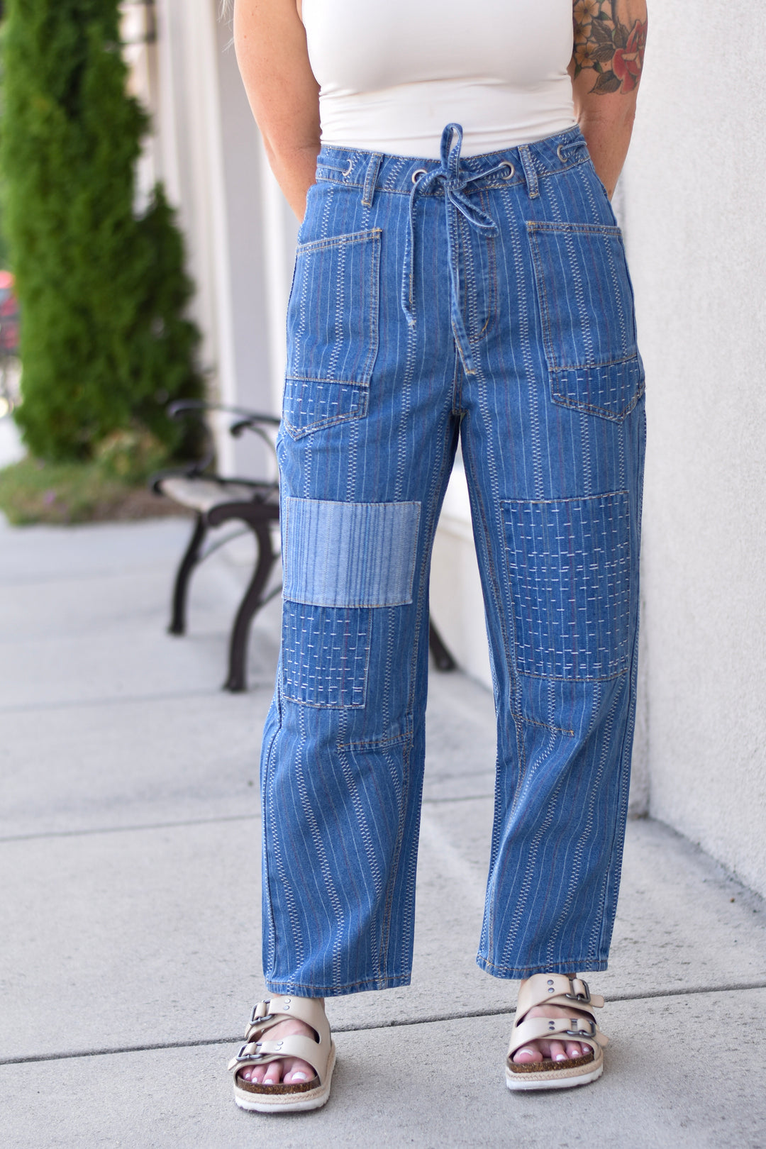 Easel Boho Stitch Barrel Jeans