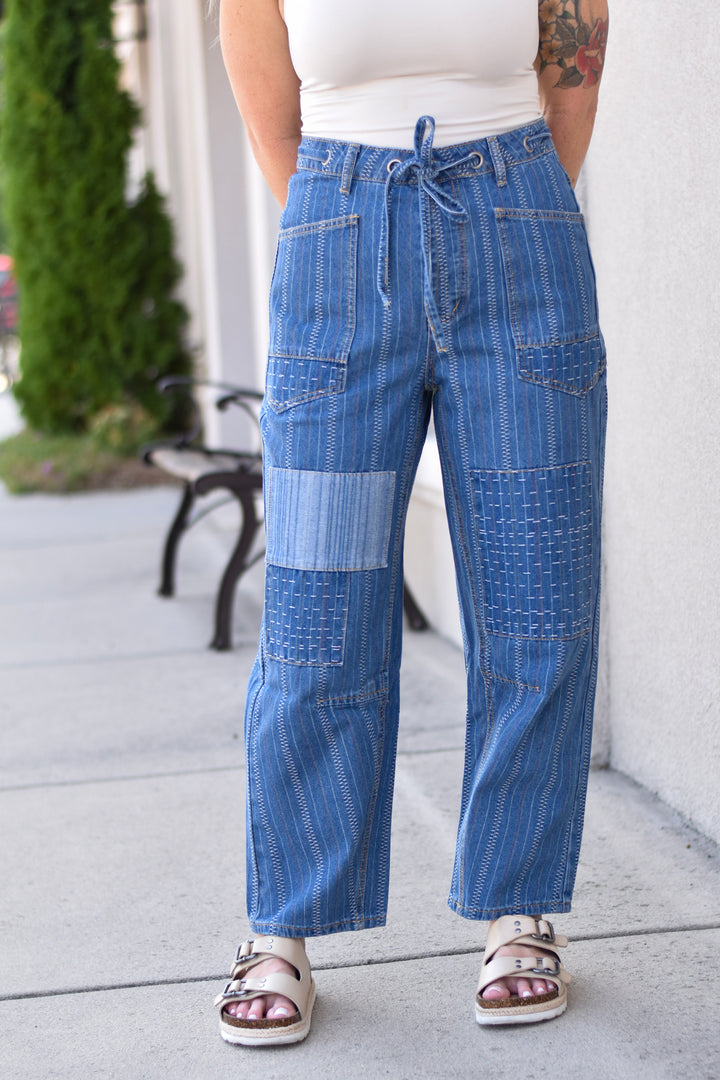 Easel Boho Stitch Barrel Jeans