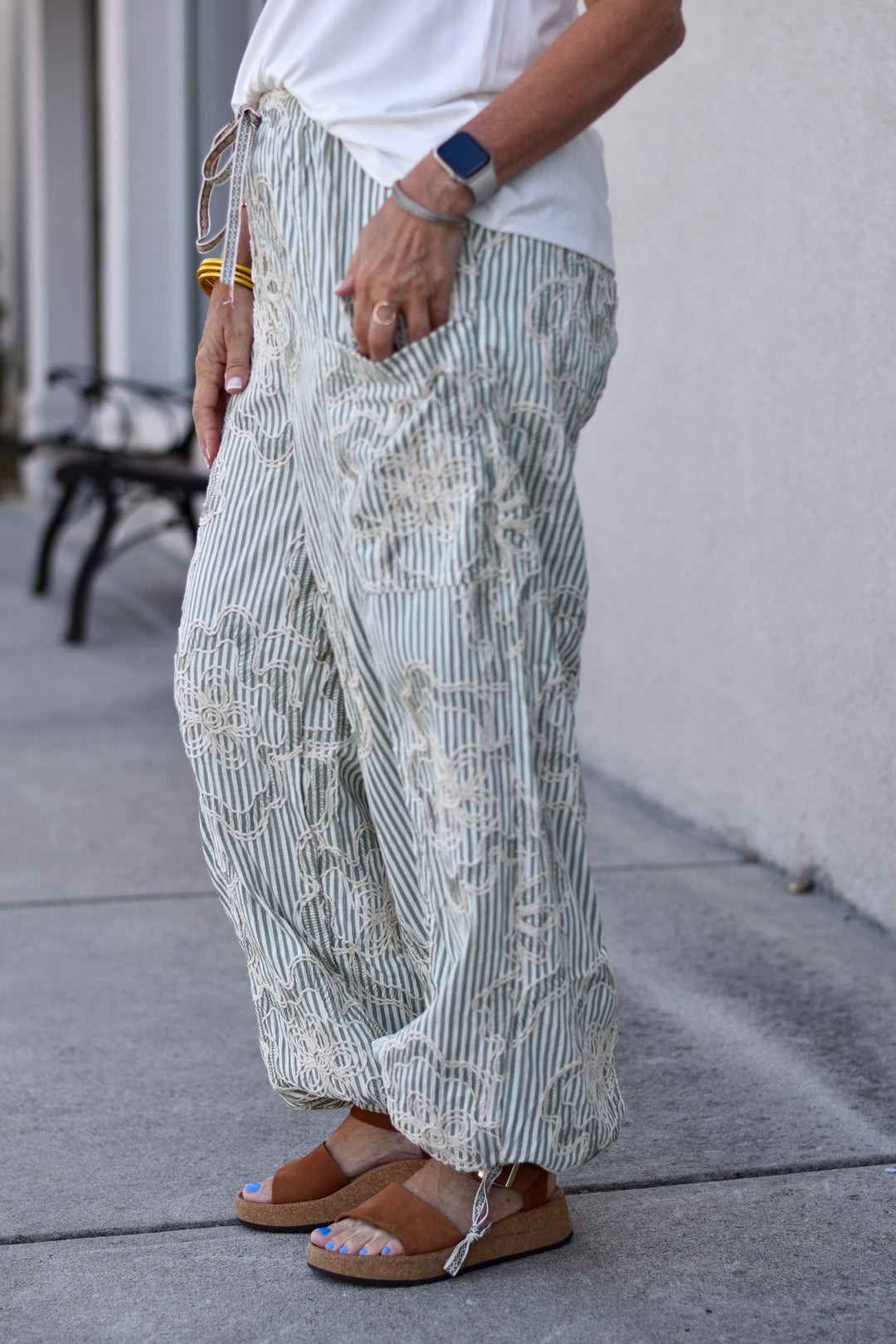 Easel's Wildflower Stripe Embroidered Pants