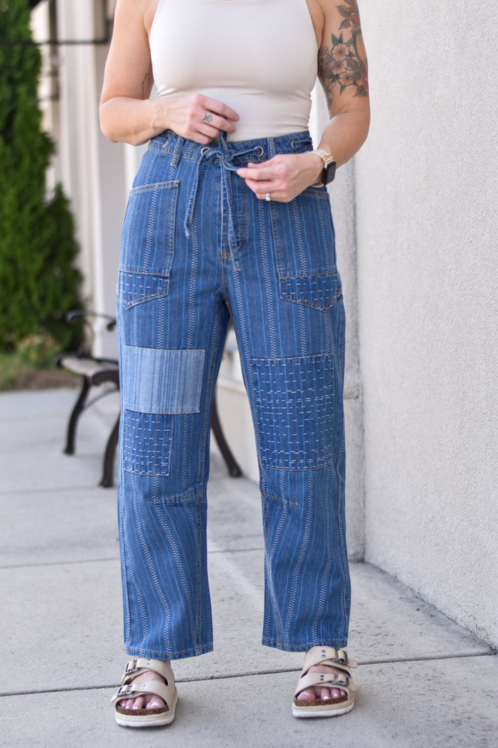 Easel Boho Stitch Barrel Jeans