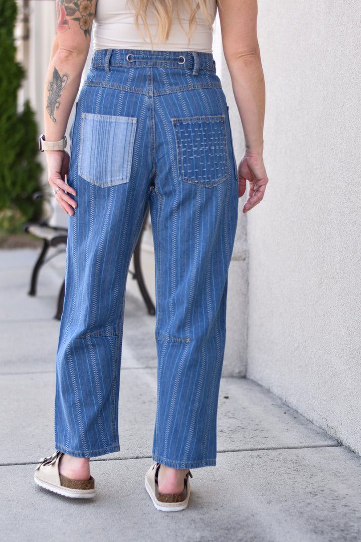 Easel Boho Stitch Barrel Jeans