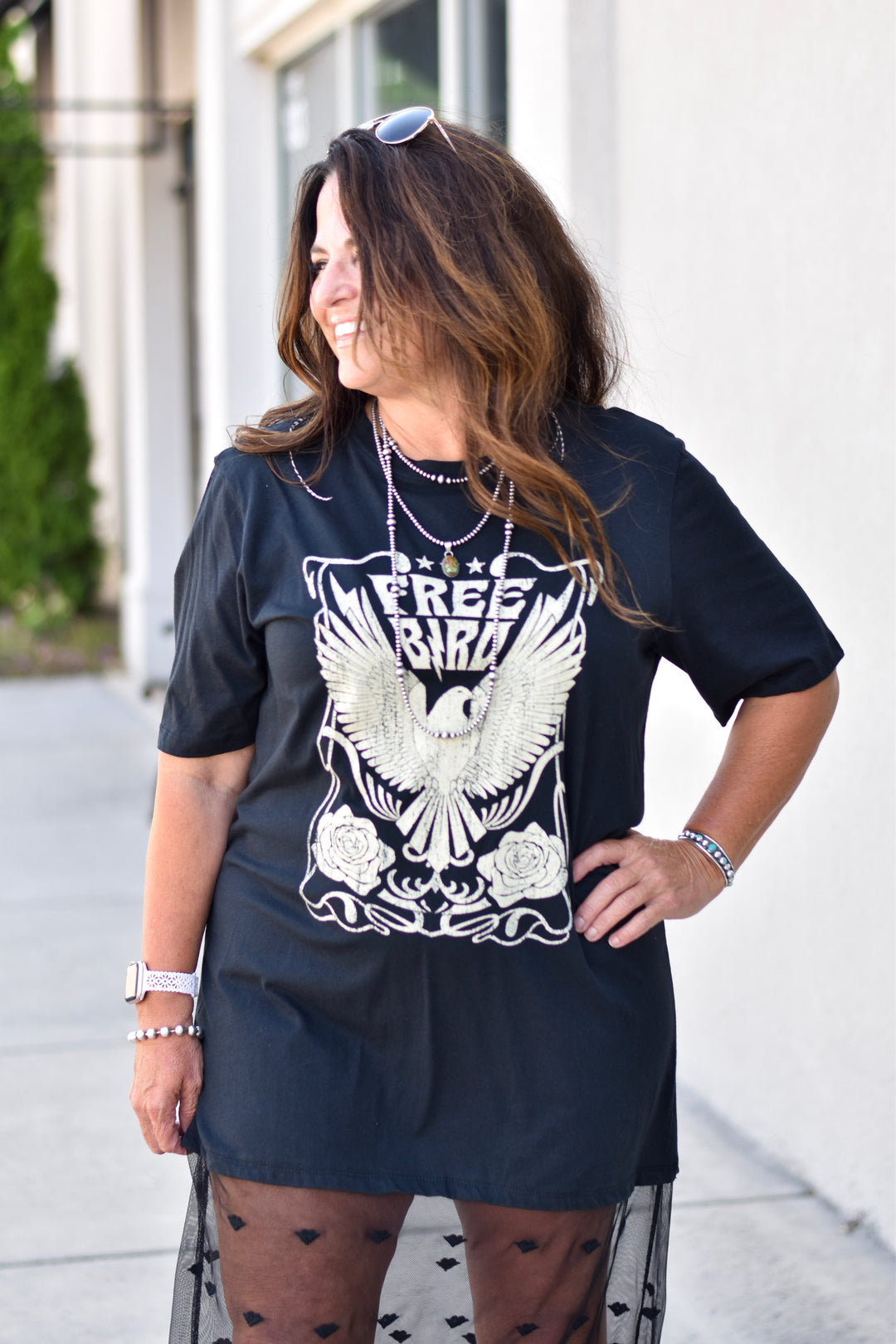 Free Bird Graphic Lace Tee Dress