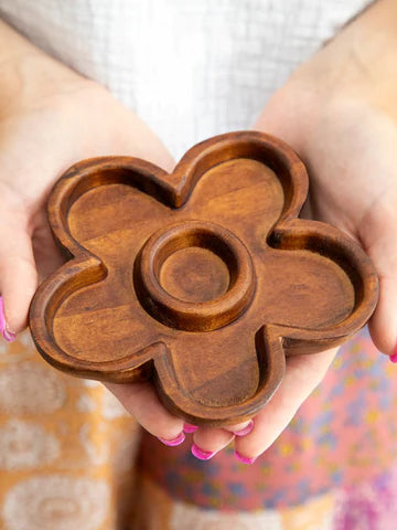 Carved Wood Trinket Dish -Daisy