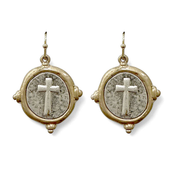 Mixed Metal Cross Earrings