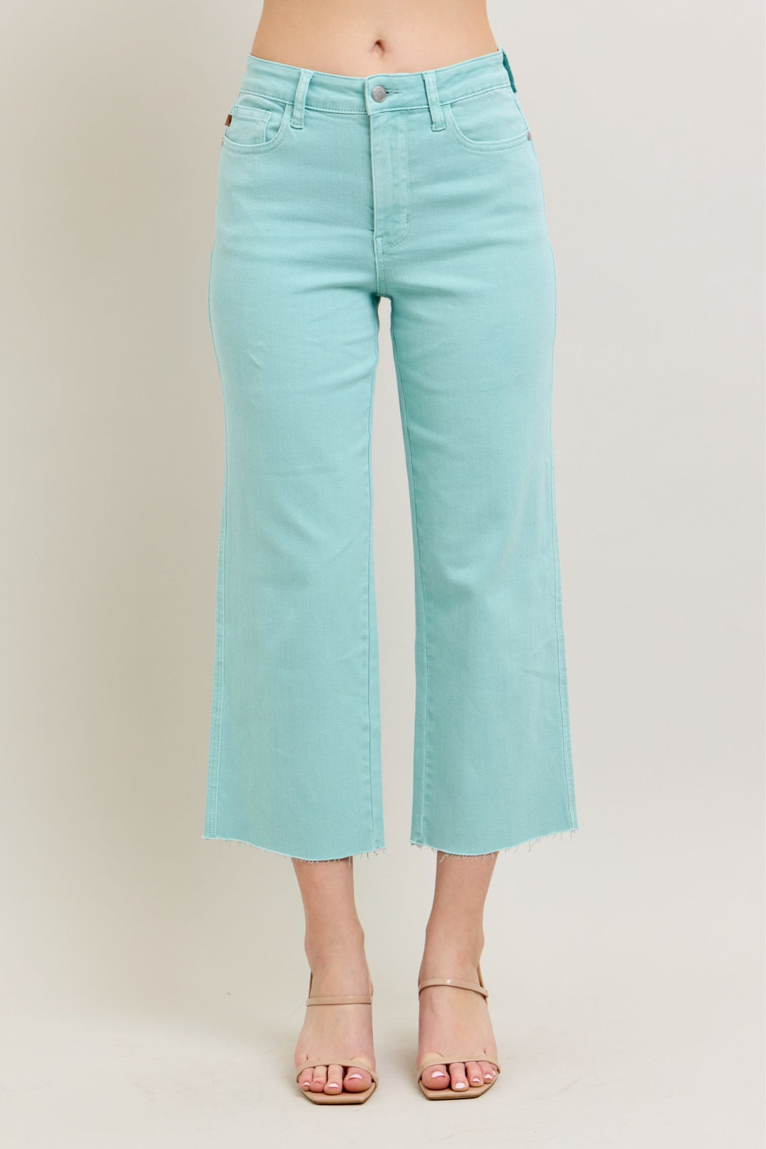 Judy Blue Raw Hem Crop Wide Jeans-Blue Sky