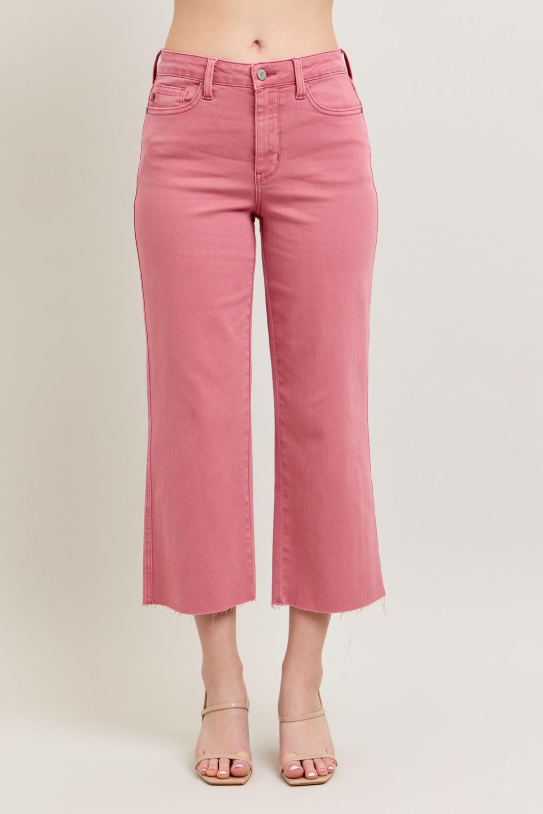 Judy Blue Raw Hem Crop Wide Jeans-Rose