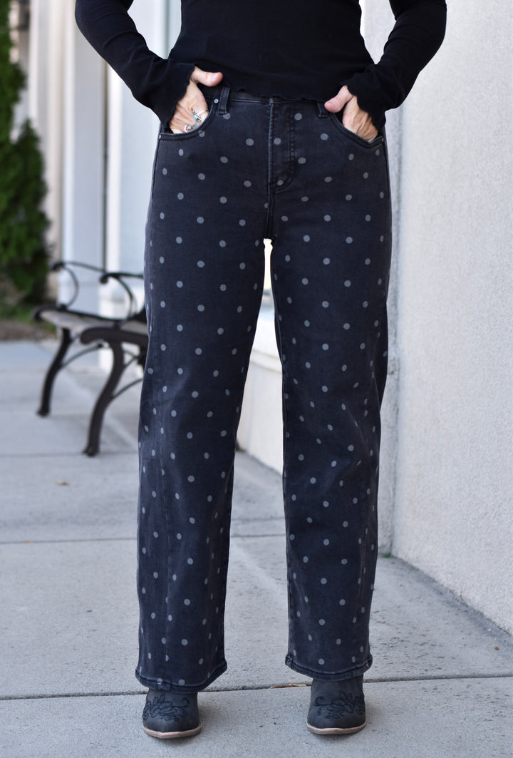 Risen Ankle Straight Polka Dot Print Jeans