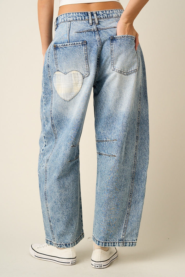 Sweetheart Plaid Patch Barrel Jeans