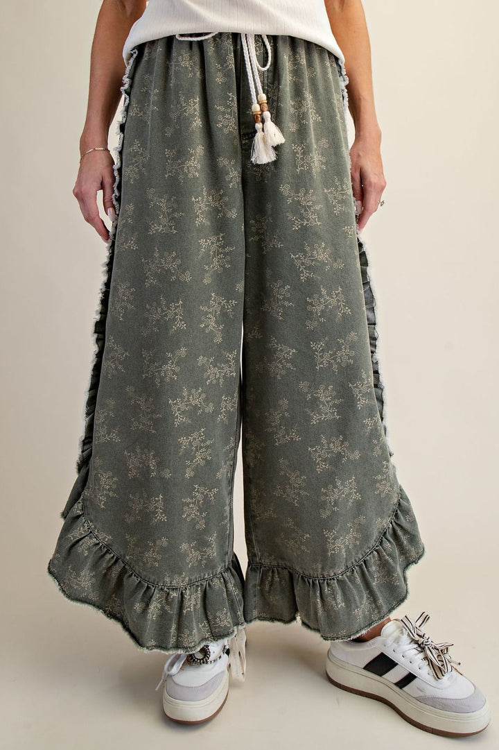 Easel Floral Denim Wide Leg Pant