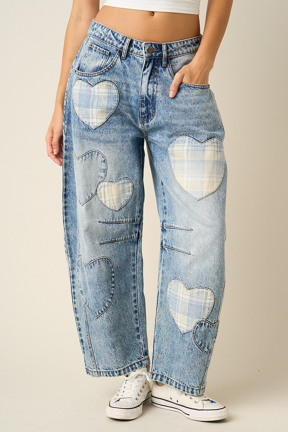 Sweetheart Plaid Patch Barrel Jeans