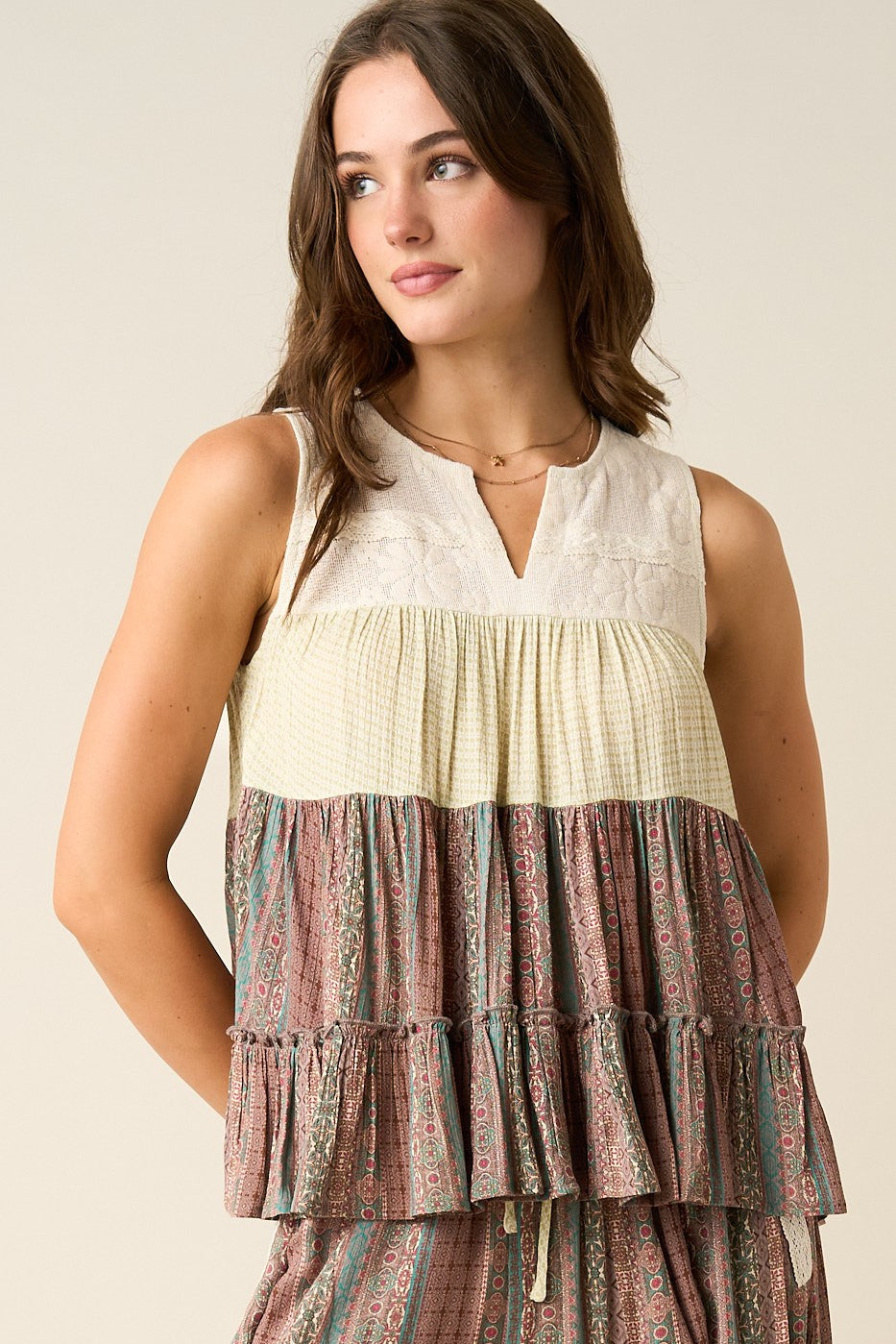 Boho Mixed Media Tiered Tank Top
