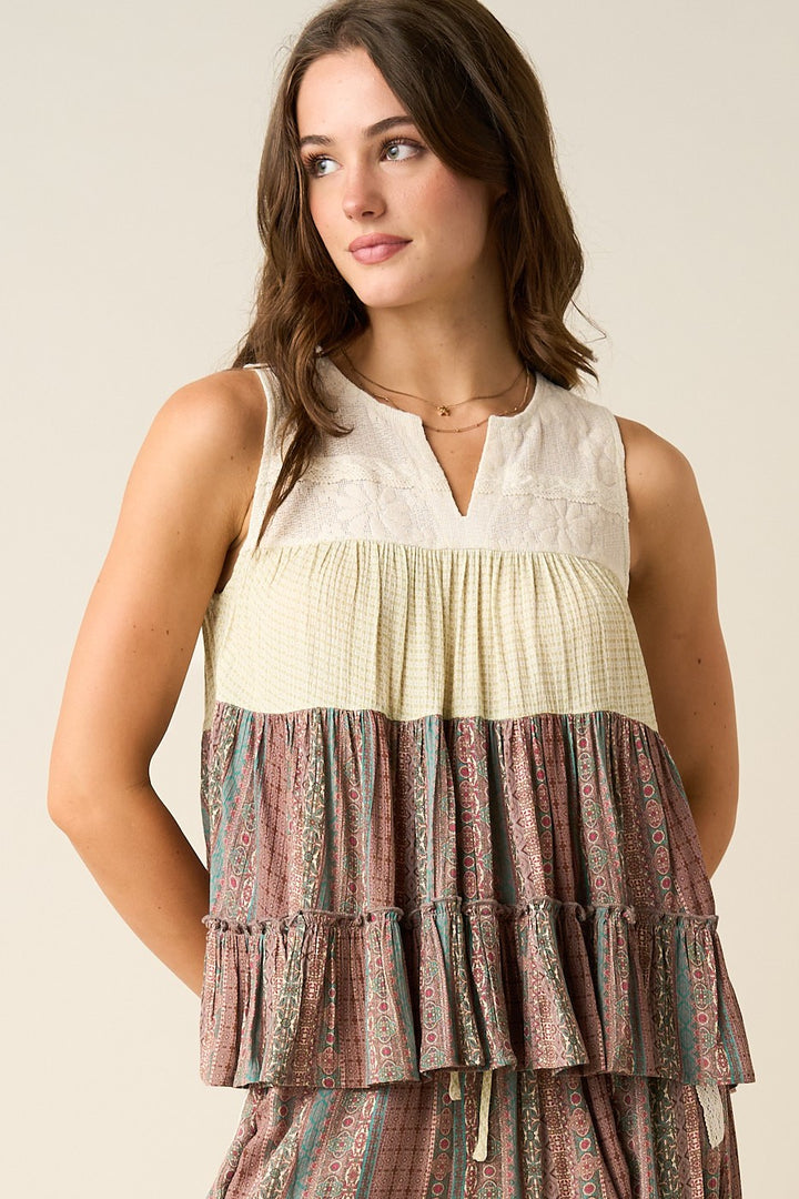Boho Mixed Media Tiered Tank Top