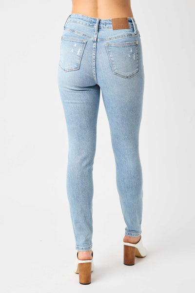 Judy Blue Mid-Rise Tummy Control Destressed Skinny Jeans