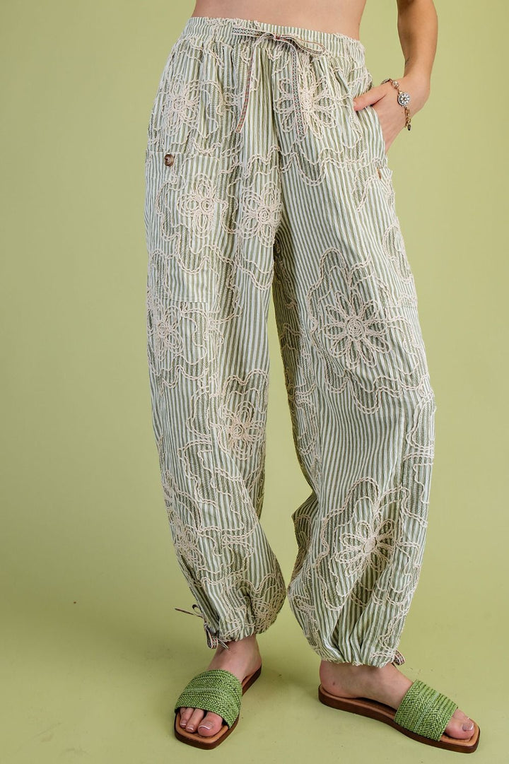 Easel's Wildflower Stripe Embroidered Pants