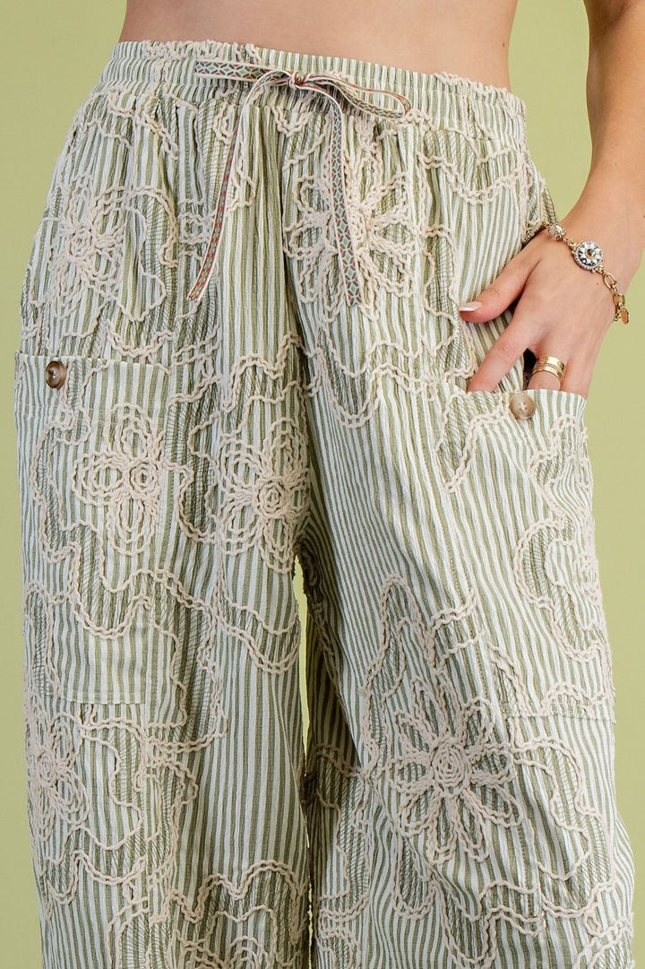 Easel's Wildflower Stripe Embroidered Pants