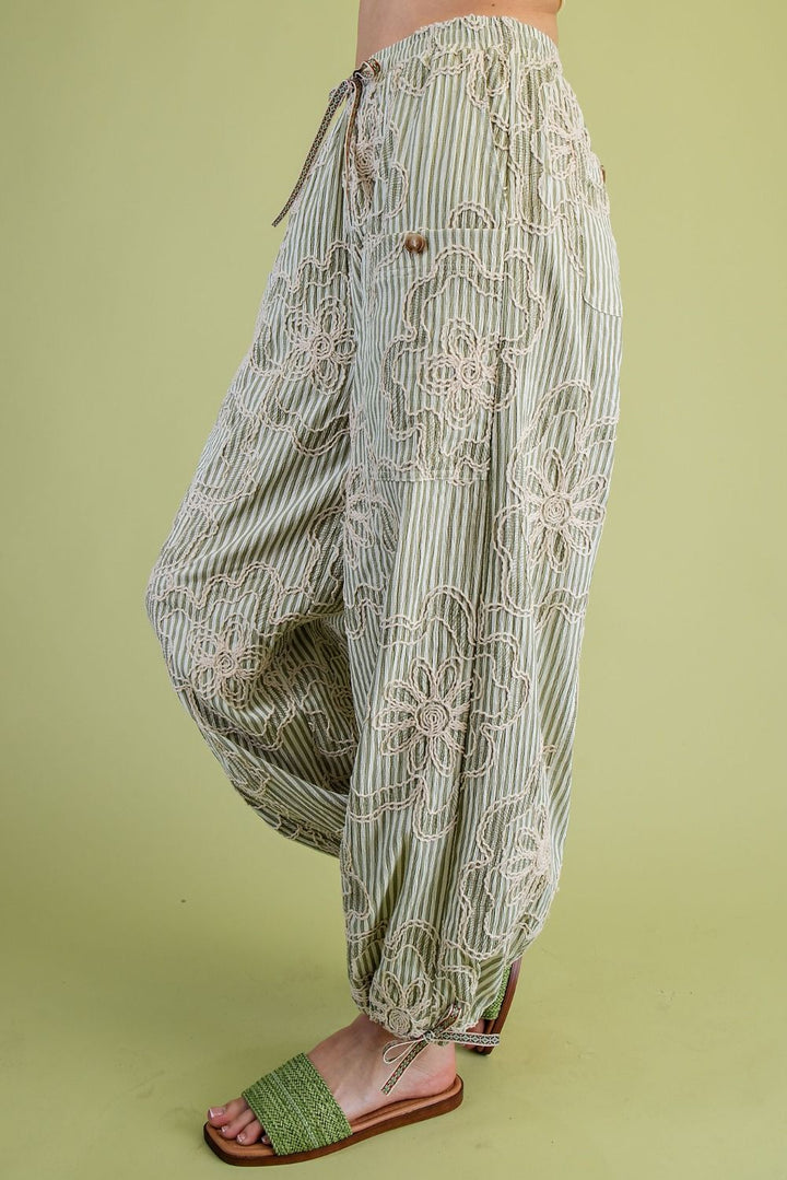 Easel's Wildflower Stripe Embroidered Pants
