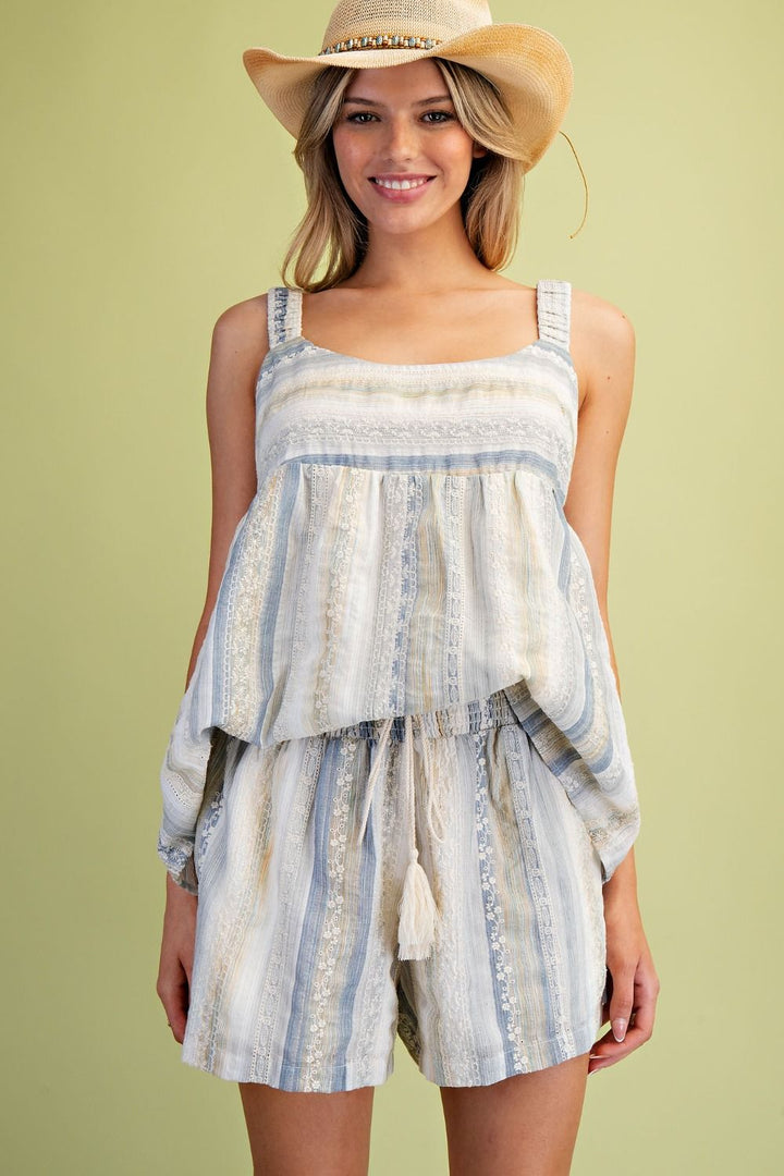 Coastal Stitch Embroidered Stripe Shorts