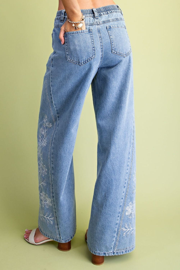 Easel's Floral Border Embroidered Wide Leg Jeans