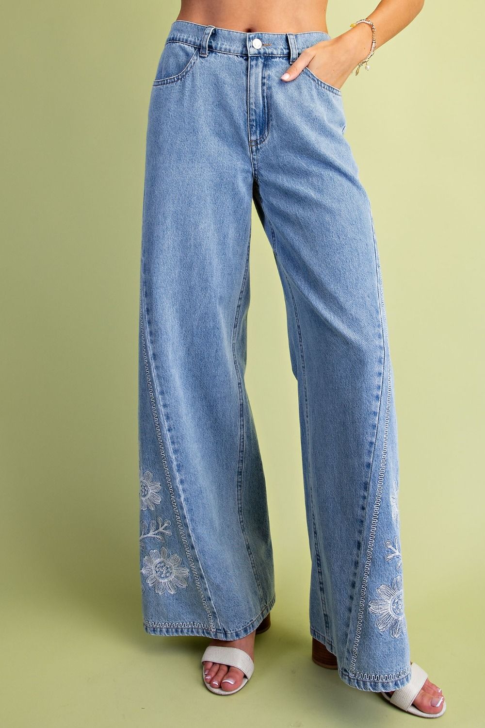 Easel's Floral Border Embroidered Wide Leg Jeans