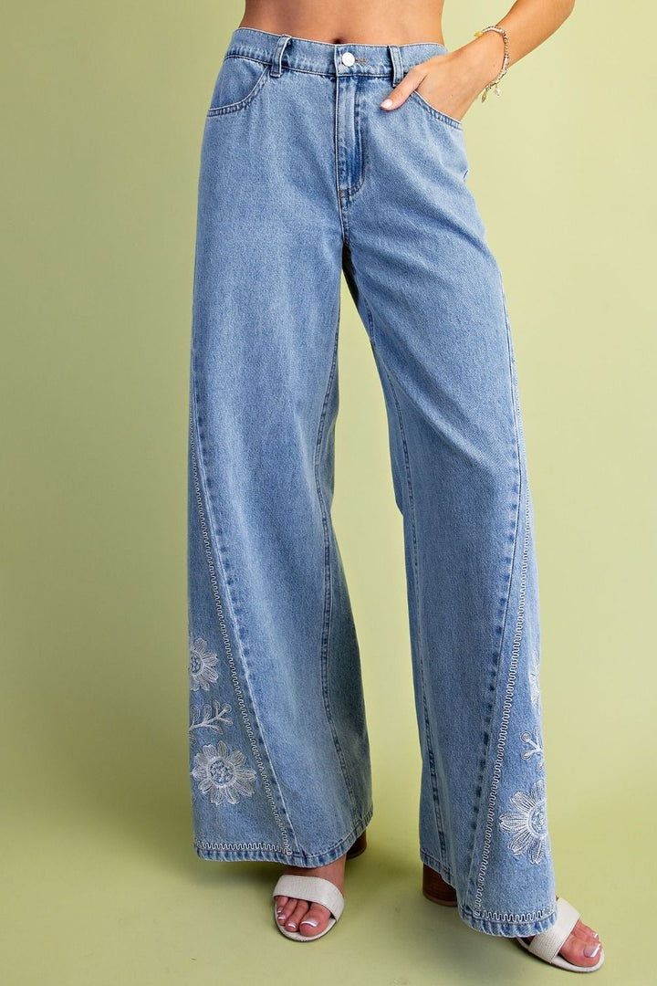Easel's Floral Border Embroidered Wide Leg Jeans