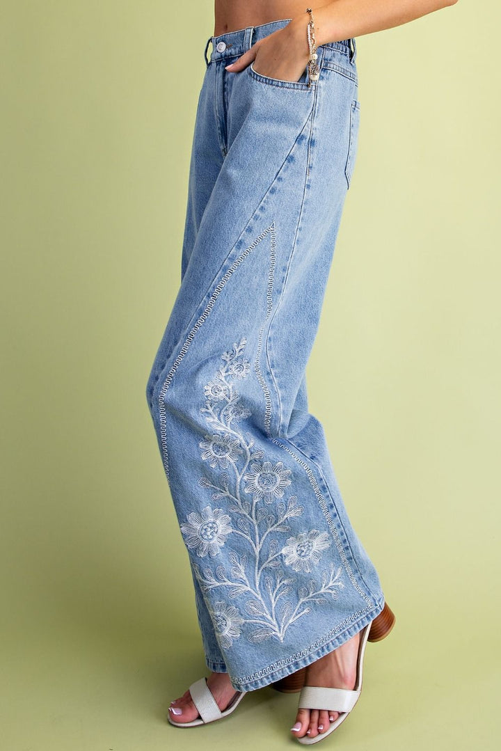 Easel's Floral Border Embroidered Wide Leg Jeans